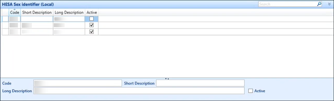 HESA Sex identifier (Local) reference data screen